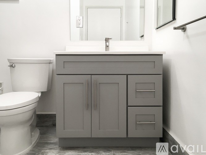 A bathroom with a white toilet and a grey vanity.