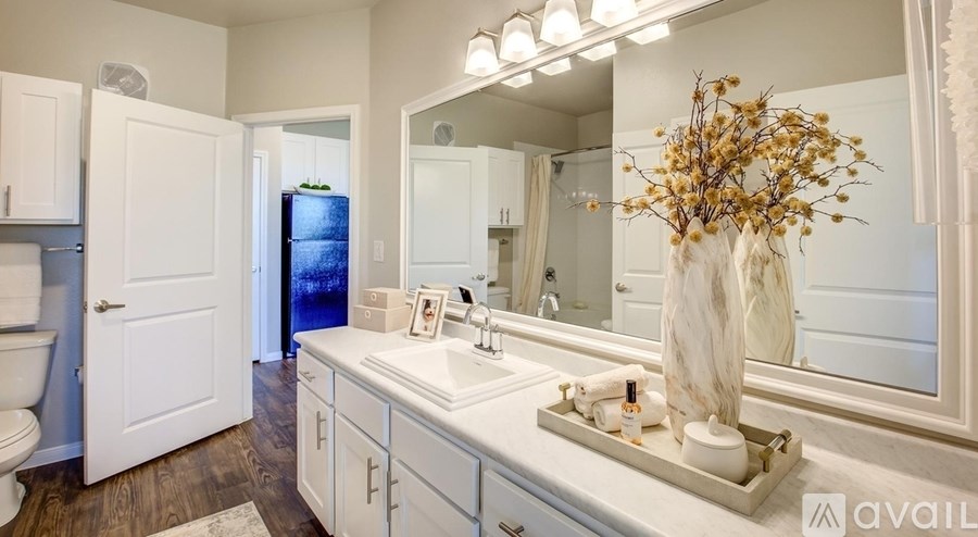 A bathroom with a white sink and a large mirror.