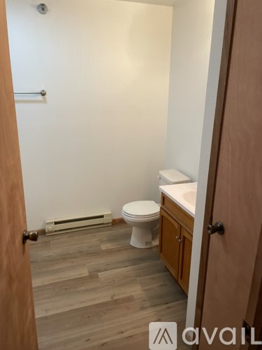 A bathroom with a toilet, sink, and wooden floors.