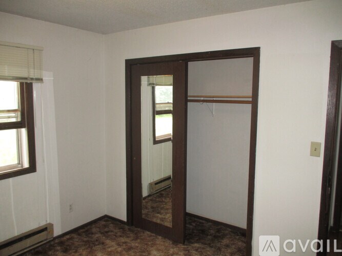 A room with a carpeted floor and a large mirrored door.
