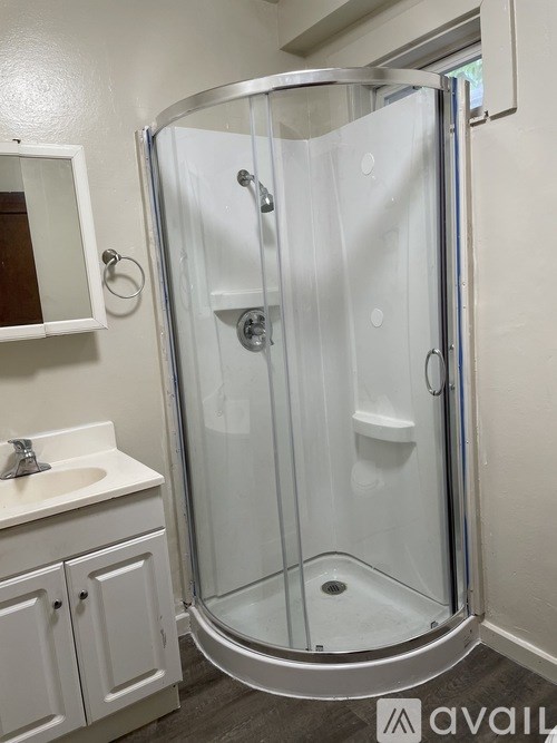 A white bathroom with a walk in shower and a white sink.