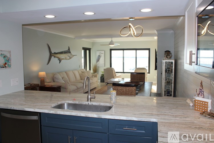 A kitchen with a marble countertop and a shark decoration on the wall.