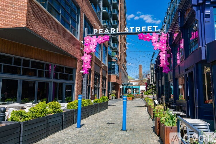 Pearl Street is lined with pink lanterns and blue poles.
