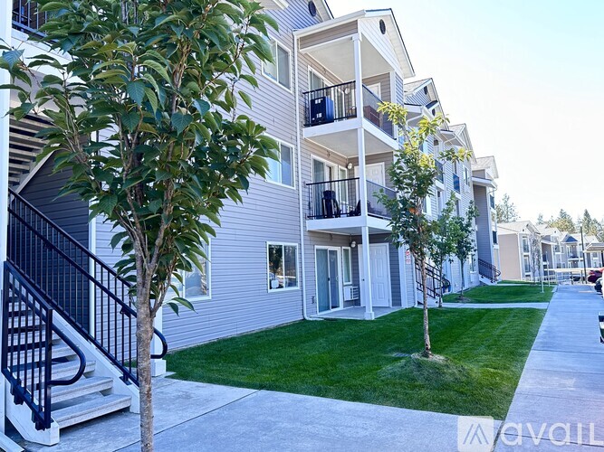 A row of townhouses with balconies and trees in front.