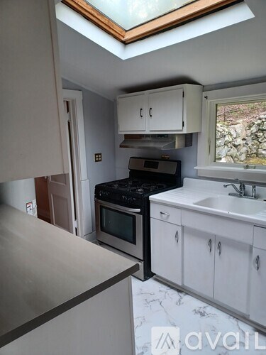 A kitchen with a skylight above the counter.