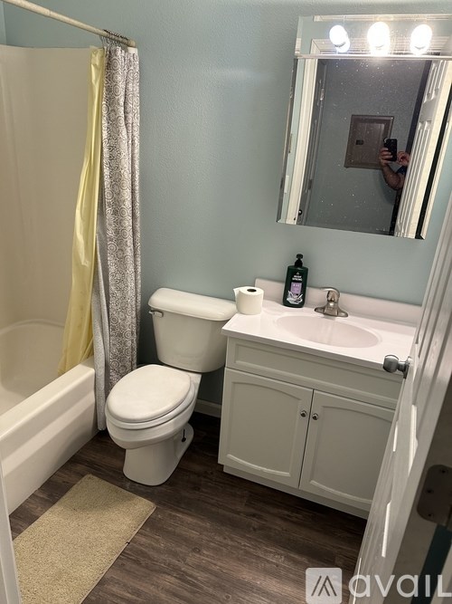 A person is taking a selfie in a bathroom with a white toilet, sink, and a shower curtain.