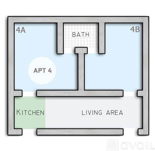 A floor plan shows a kitchen and living area with a bathroom in between.