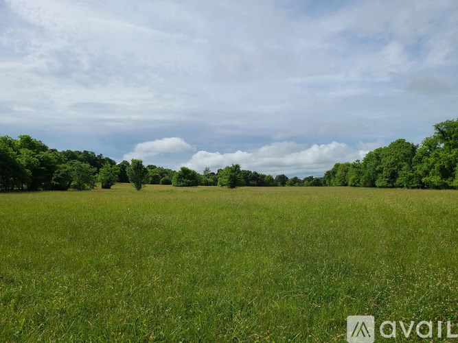 A vast green field stretches out under a partly cloudy sky.