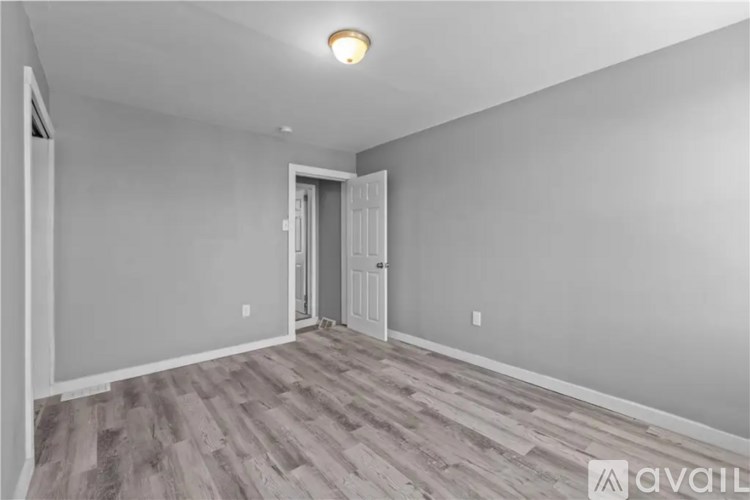 A room with a wooden floor and a white door.