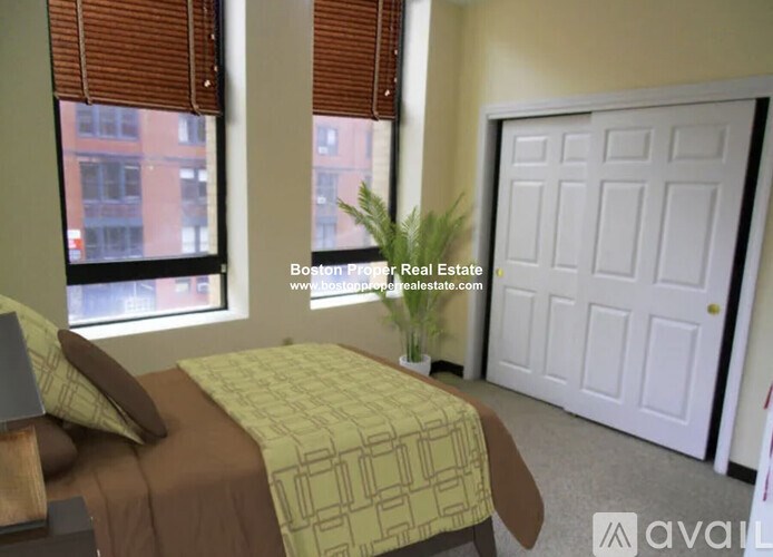 A bedroom with a bed, a potted plant, and a white door.