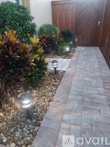 A garden pathway with lights and plants on either side.