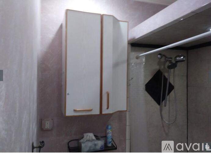 A bathroom with a white cabinet and a shower head.