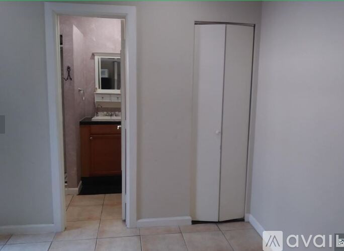 A bathroom with a white door and a brown cabinet.