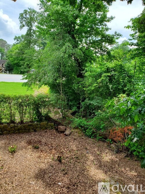 A garden with a stone wall and trees.