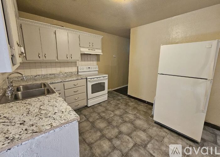 A kitchen with a white fridge, sink, and cabinets.