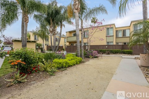 A garden with a pathway, palm trees, and a building in the background.