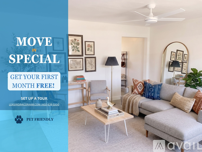 A kitchen with a promotion for a free first month and a pet-friendly policy.