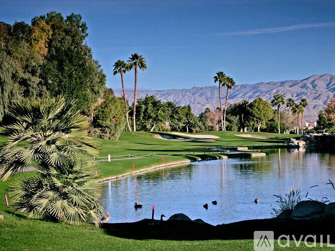 A golf course with a pond and palm trees.