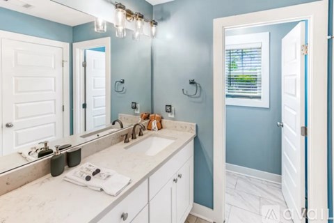 A bathroom with a white vanity and a large mirror.