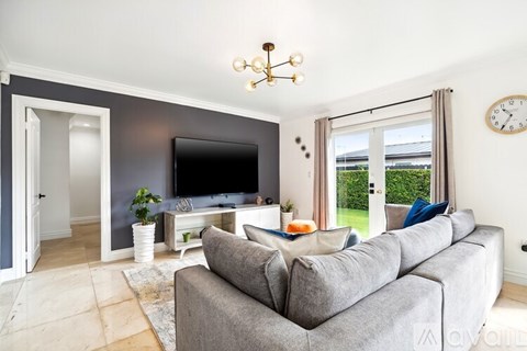 A living room with a grey couch and a television.
