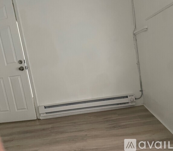 A room with a door, a radiator on the wall, and wooden flooring.