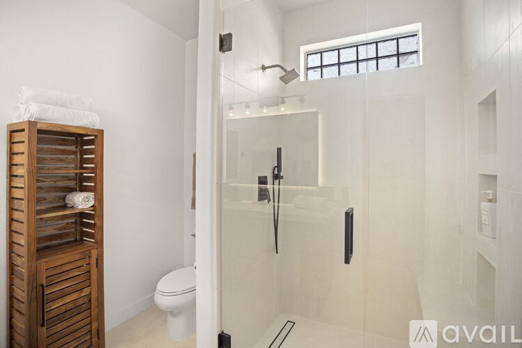 A bathroom with a walk-in shower and a toilet.