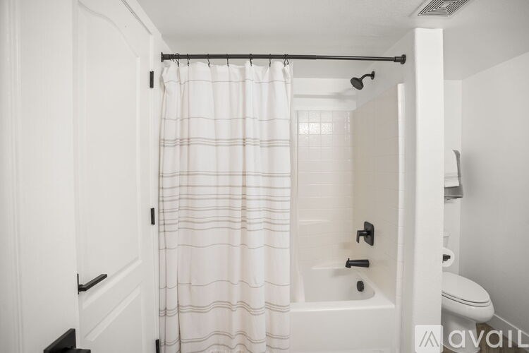 A white bathroom with a shower curtain and a toilet.