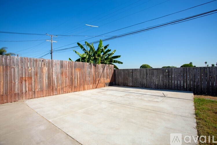 A concrete patio with a wooden fence and a green plant.