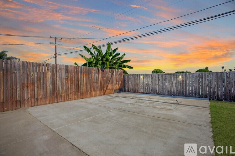 A concrete driveway leads to a wooden fence with a palm tree in the background.
