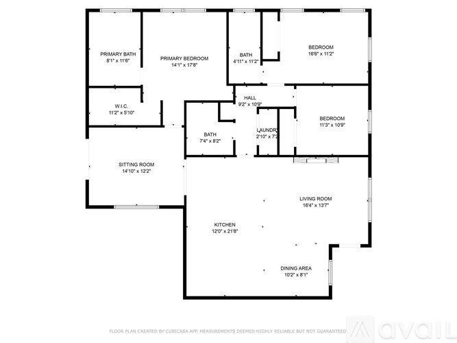 A floor plan for a home with a living room, dining area, kitchen, and several bedrooms.