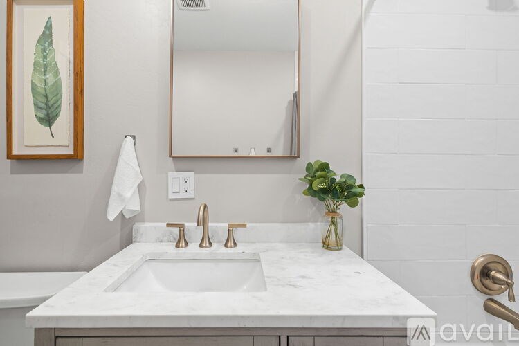 A bathroom with a marble sink and a leafy plant.