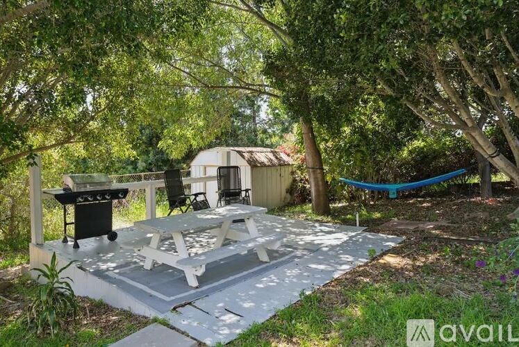 A backyard with a hammock and a table.
