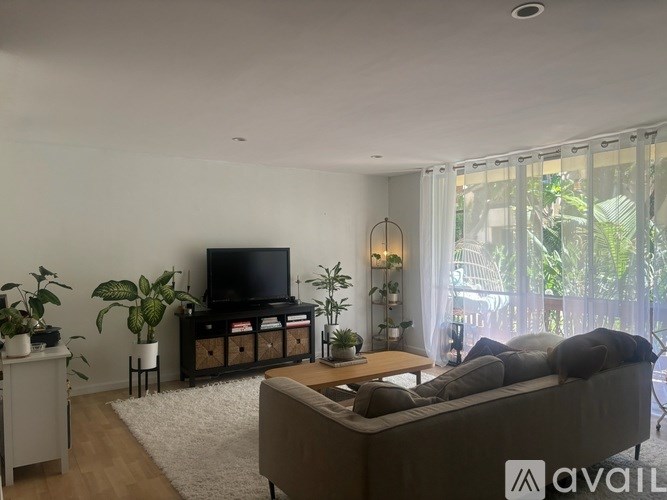 A living room with a grey couch, a television, and a white rug.