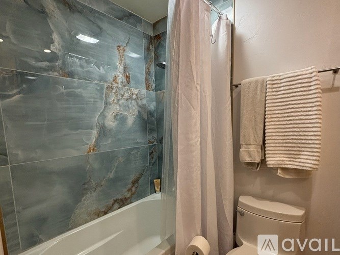 A bathroom with a marble tile shower and a white toilet.