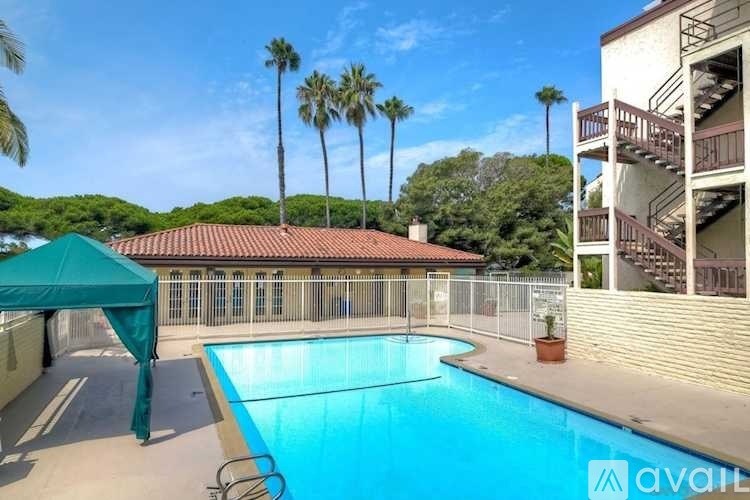 A pool surrounded by a fence with a green canopy and palm trees in the background.