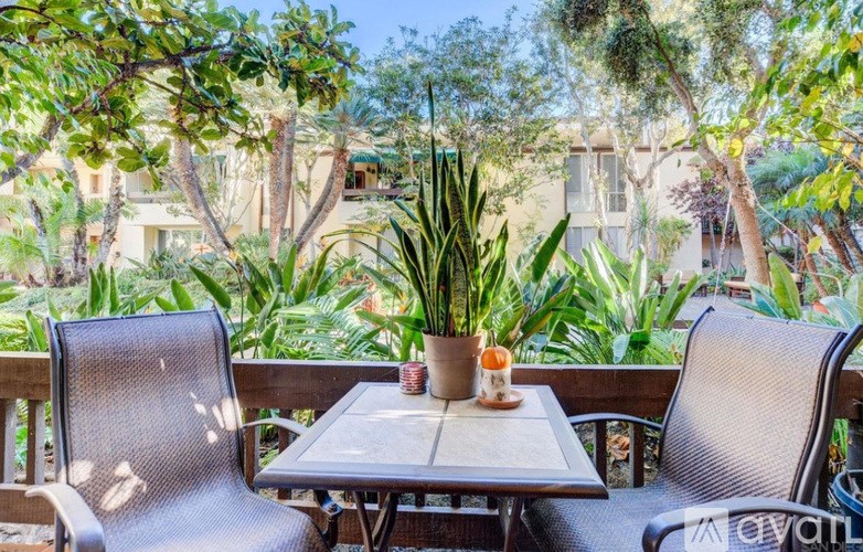 A table with chairs and a potted plant on a balcony.
