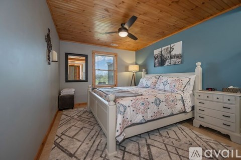 A bedroom with a large bed, a ceiling fan, and a rug on the floor.