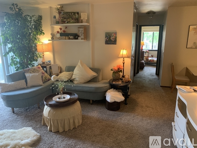 A living room with a grey couch, a white coffee table, and a white rug.