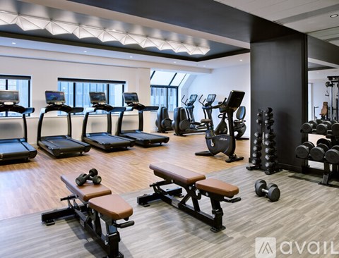 A gym with treadmills, elliptical machines, and dumbbells.