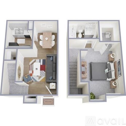 A floor plan of a two-bedroom apartment with a living room, kitchen, and bathroom.