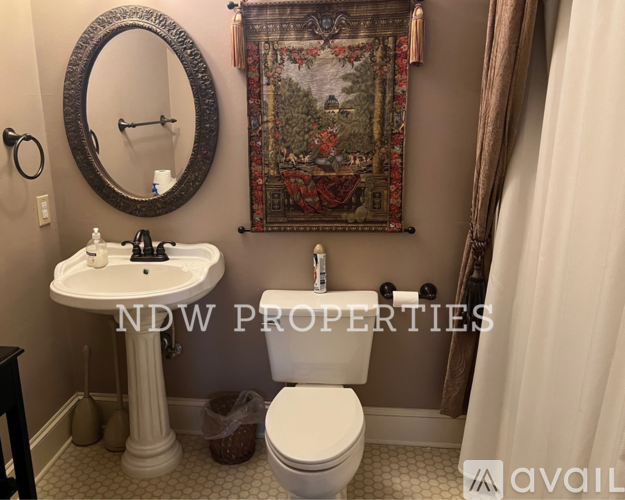 A bathroom with a toilet, sink, and a tapestry hanging on the wall.