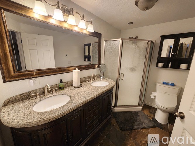 A bathroom with a granite countertop and a large mirror above it.