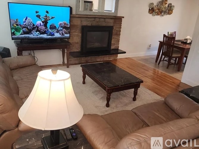 A living room with a fireplace, a television, and a coffee table.