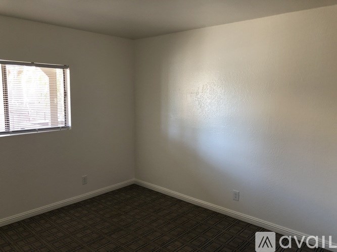 A room with a window and a carpeted floor.