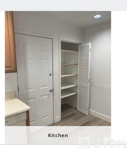 A white kitchen pantry with a door open to a shelving unit.