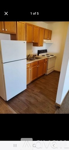 A kitchen with wooden cabinets and a white refrigerator.
