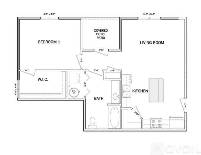 A floor plan of a small apartment with a living room, bedroom, kitchen, and bathroom.