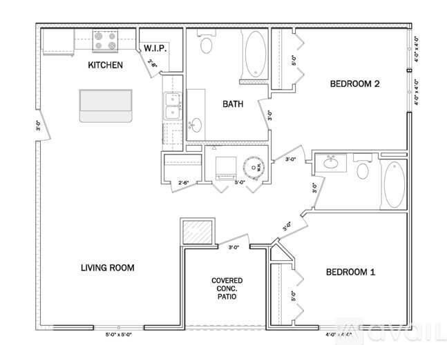 A floor plan of a small apartment with a living room, kitchen, and two bedrooms.
