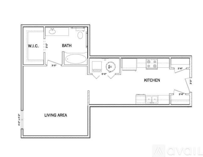 A floor plan of an apartment with a living area, kitchen, and bathroom.