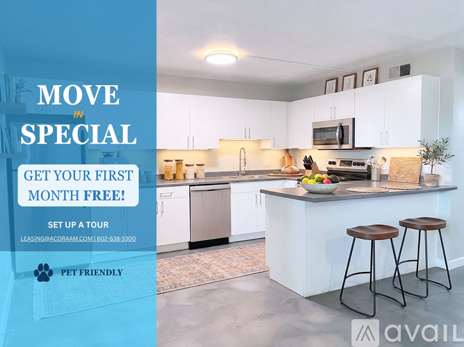 A modern kitchen with a promotion for a free first month and a pet-friendly policy.